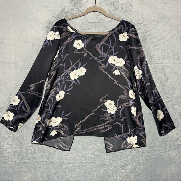 Club Monaco Briley Open-Back Black 100% Silk Floral Print Long Sleeve Blouse #44 - Picture 5 of 16